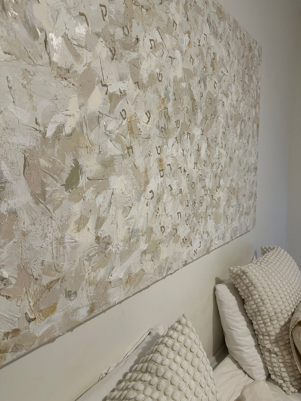 Masterpiece — Ivory & Gold displayed in setting, original one-of-a-kind Eli Studio artwork with distinctive painted textures