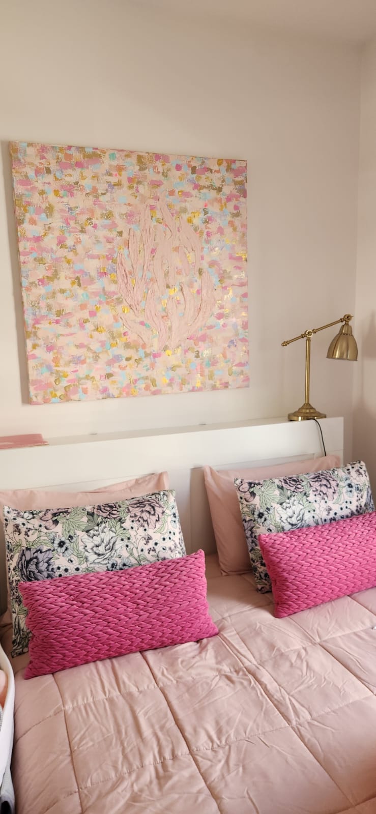 Close-up of Masterpiece — Pink & Gold revealing hand-painted details, rich color layers and movement on canvas