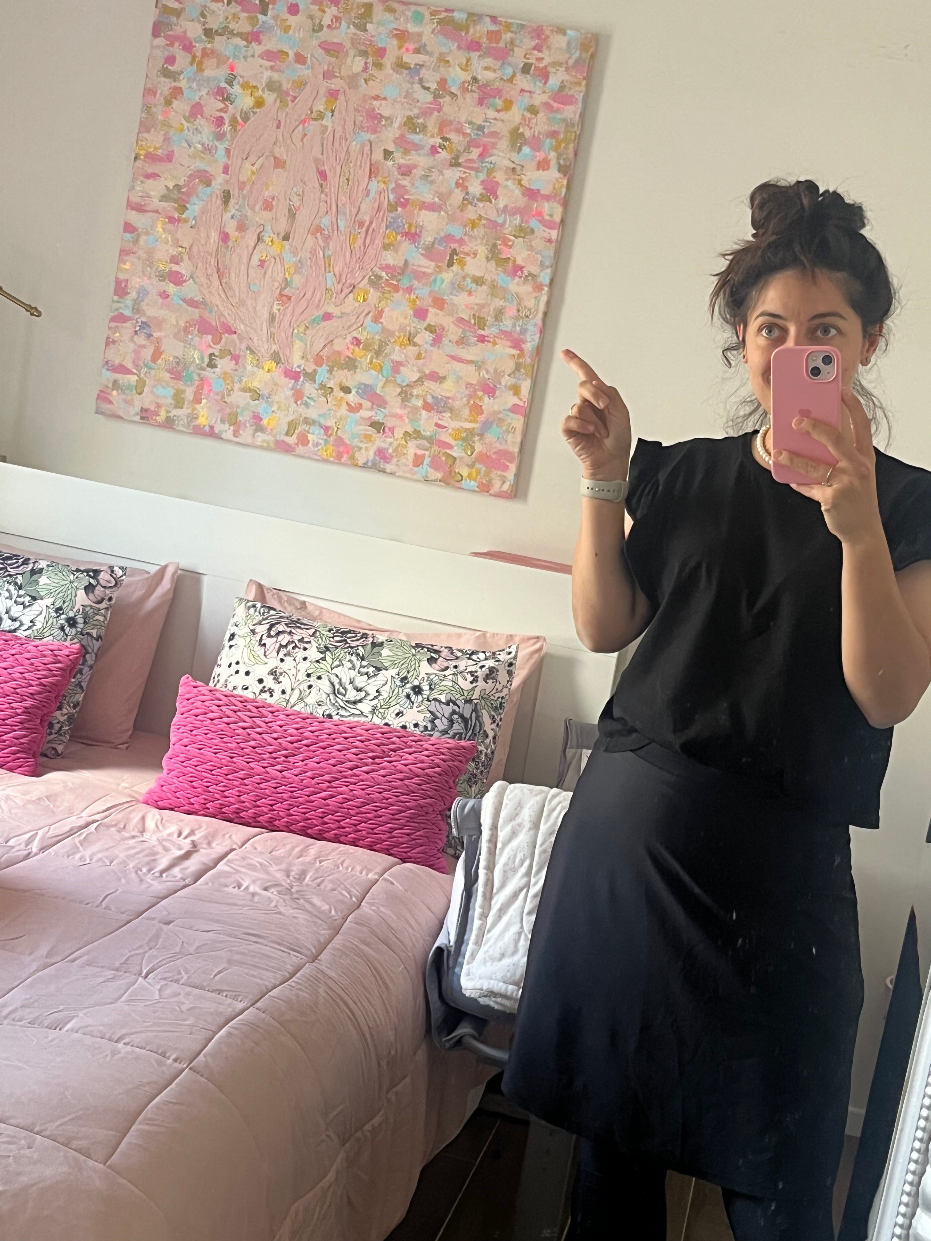 Angled view of Masterpiece — Pink & Gold, original hand-painted canvas with bold abstract textures by Eli Studio