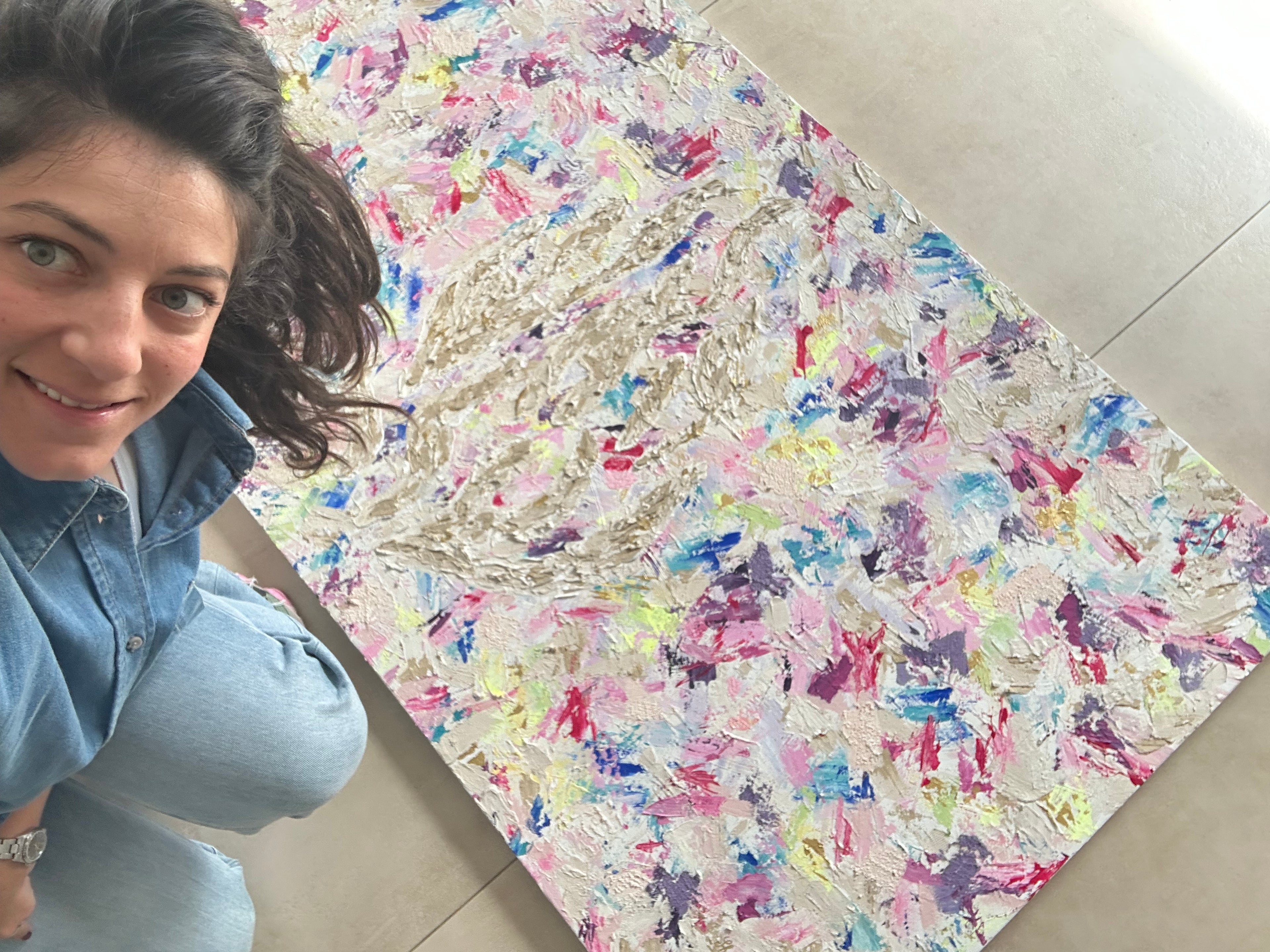 Angled view of Masterpiece — Pastel Aesh Sheli, original hand-painted canvas with bold abstract textures by Eli Studio
