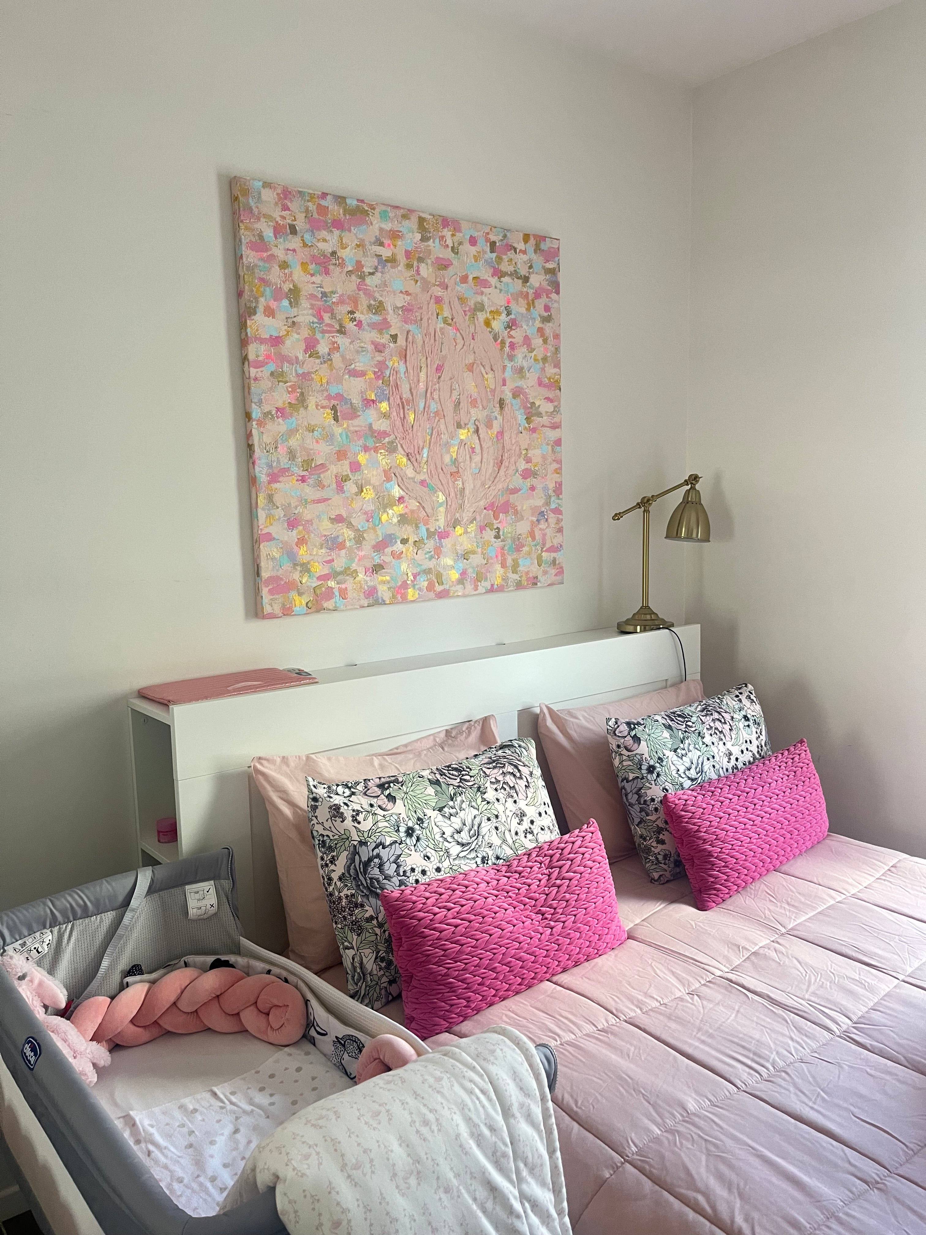 Detail of Masterpiece — Pink & Gold showing layered brushstrokes and vibrant color textures, original Eli Studio painting