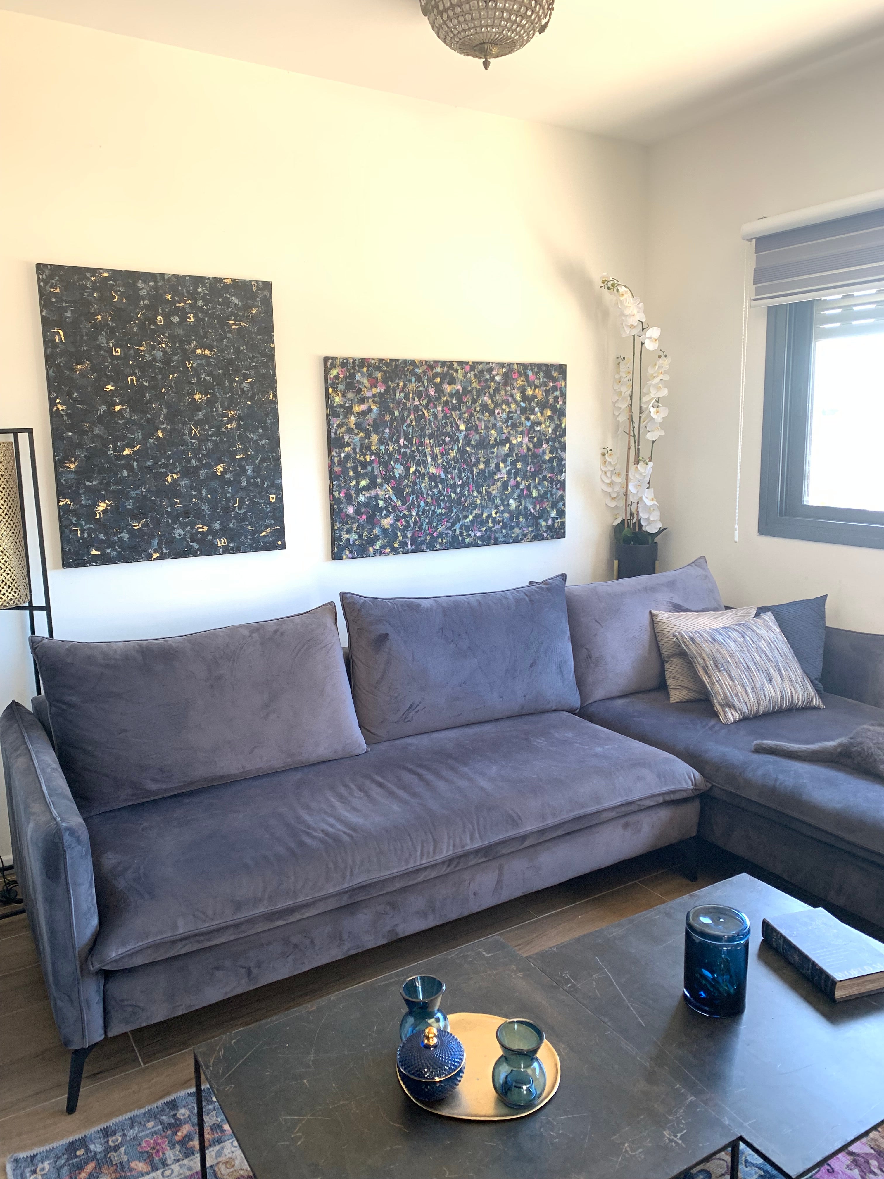 Close-up of Masterpiece — Midnight Confetti revealing hand-painted details, rich color layers and movement on canvas