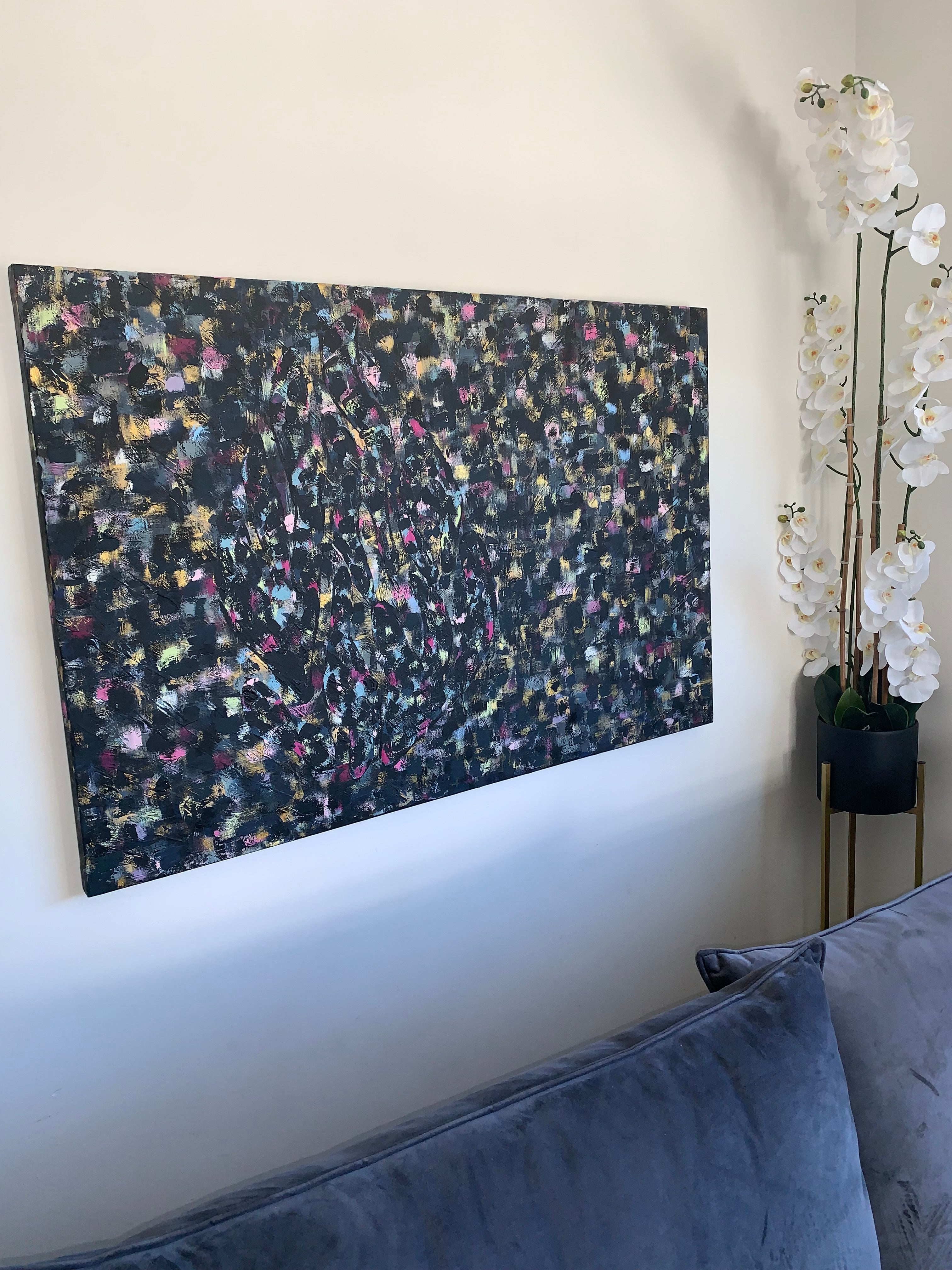 Detail of Masterpiece — Midnight Confetti showing layered brushstrokes and vibrant color textures, original Eli Studio painting