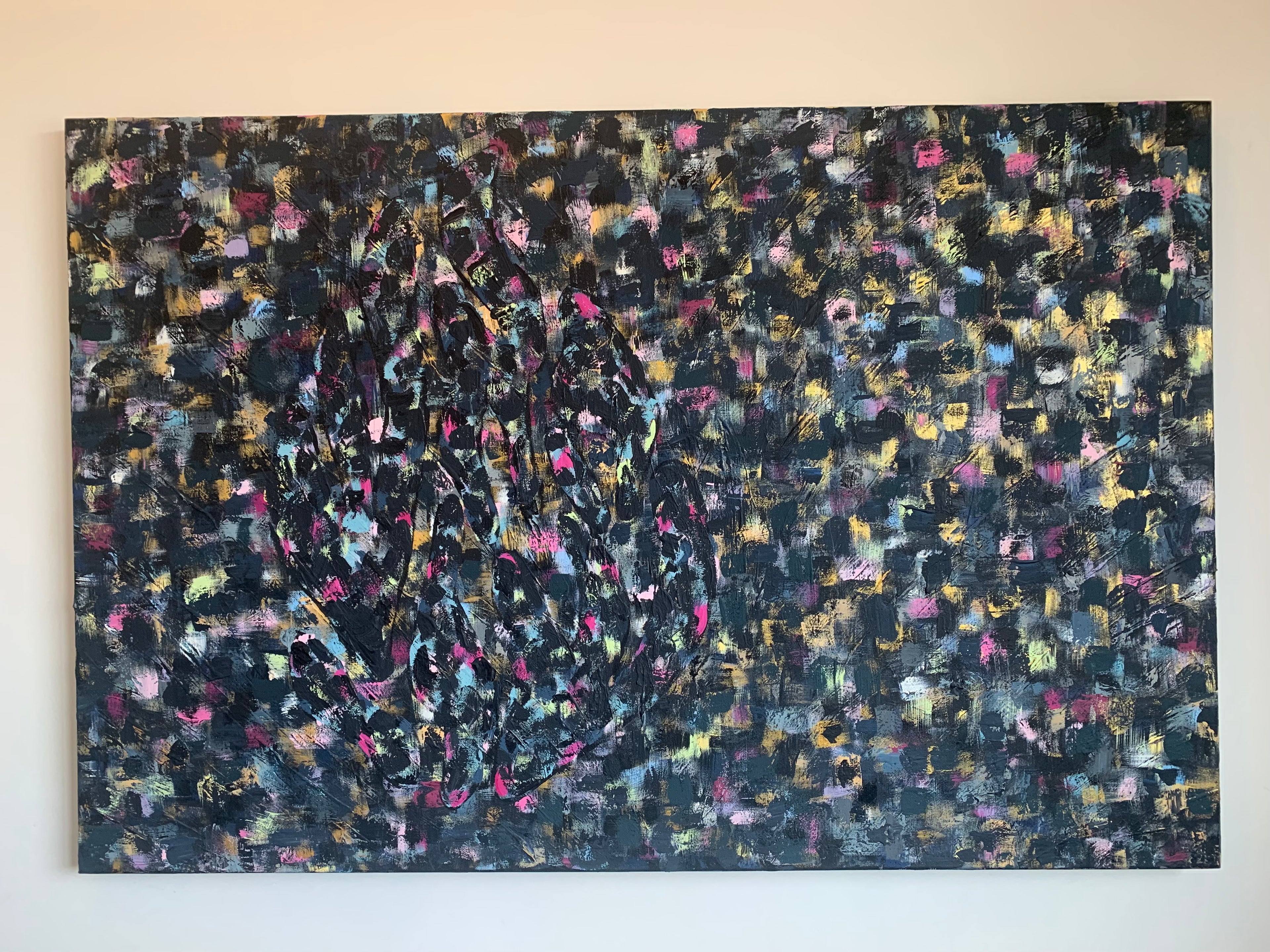 Angled view of Masterpiece — Midnight Confetti, original hand-painted canvas with bold abstract textures by Eli Studio